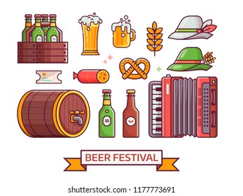 Beer fest icon set with craft beer, bavarian hat, mug, accordion and other oktoberfest symbols. German beer festival icons and design elements in line art.