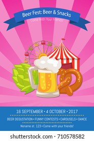 Beer fest poster with snacks, come with your friends, promo banner depicting carousel and appetizers, hop and mug of alcoholic drink vector illustration