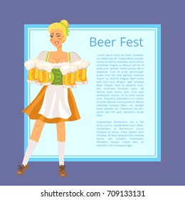 Beer fest poster with text on light blue square. Isolated vector illustration of blonde woman holding mugs dressed in traditional German clothing
