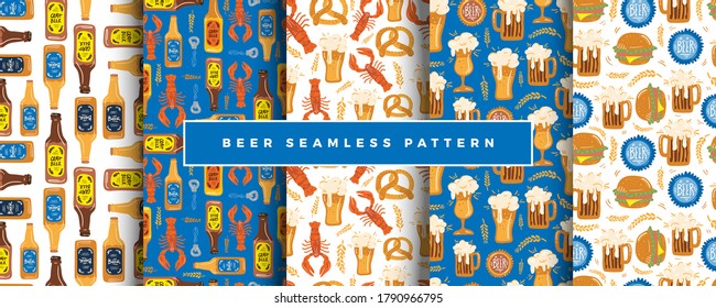 Beer fest seamless pattern illustration set. Trendy style. Vector design template. Design for poster, card, invitation, placard, brochure, flyer.