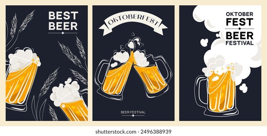 Beer fest template design with mugs of foamy beer ears in line style Vector set. October Fest concept illustration perfect for social media,invitation,cover,banner event poster,flyer