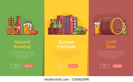 Beer fest, traditional brewery and craft beer banners for ui. Vertical backgrounds for pub, brewery or oktoberfest party advertising with popular bavarian festival design elements in line art.