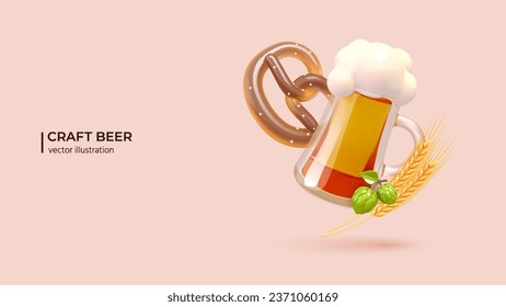 Beer Festival - 3D Concept. Realistic 3d design of Beer Glass, Pretzel and Hops. Vector illustration of german holiday in cartoon minimal style. Vector illustration