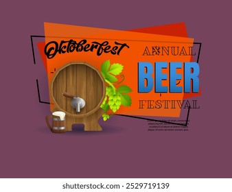 Beer festival banner design with beer barrel, mug and hops on abstract background. Lettering can be used for invitations, signs, announcements