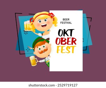 Beer festival banner design with German people peeking out. Cheerful waitress and man with beer. Oktoberfest lettering in colors of German flag. Can be used for invitations, signs, announcements