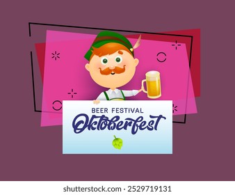 Beer festival banner design with happy German drinking beer on abstract background. Oktoberfest lettering can be used for invitations, signs, announcements