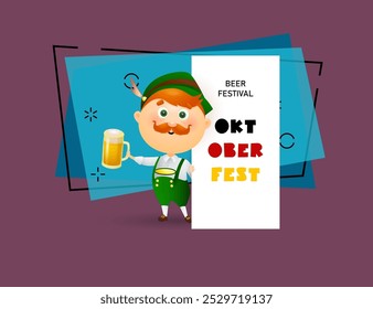 Beer festival banner design with red-mustached German holding beer mug. Realistic man in green hat. Oktoberfest lettering can be used for invitations, signs, announcements