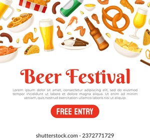 Beer Festival Banner Design with Snack and Alcoholic Drink Vector Template