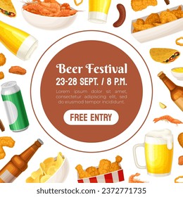 Beer Festival Banner Design with Snack and Alcoholic Drink Vector Template