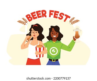 Beer festival banner or emblem with girl friends drinking beer and text, flat cartoon vector illustration isolated on white background. Beer fest emblem or symbol.