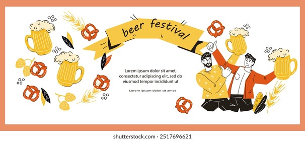 Beer festival banner or flyer design in doodle style, vector illustration isolated on white background. Beer festival and Oktoberfest promotion.