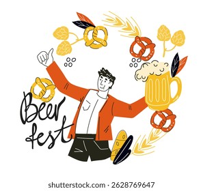 Beer festival banner or logo template, hand drawn sketch style vector illustration isolated on white. Man with beer mugs.