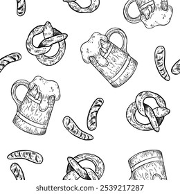 Beer festival black white seamless pattern isolated. Wooden beer mug, pretzel, sausage vector hand drawn. Monochrome repeated texture with tankard and snacks for wrapping paper, pub, Oktoberfest.