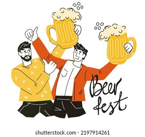 Beer festival and brewery, bar or pub emblem with cartoon characters of two cheerful men, flat vector illustration isolated on white background. Oktoberfest and brewery emblem or logo design.