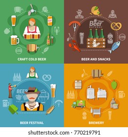 Beer festival brewery process and different snacks 2x2 icons set isolated on colorful backgrounds vector illustration