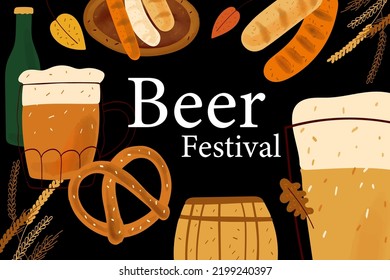 Beer festival card design with stylized illustration mugs of beer, pretzel snack and grilled sausage  on black background