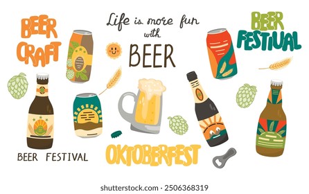 Beer festival cartoon collection of bottle,glass with foaming drink,beer can,hand written and brewing ingredients.Containers with different labels and lettering.Oktoberfest vector design set on white.