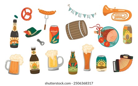 Beer festival cartoon set of beer mug,bottle,can,bavarian hat, barrel, musical instruments, snacks.Sausage on fork, pretzel and pork leg.Vector designs isolated on white.Oktoberfest flat illustration.