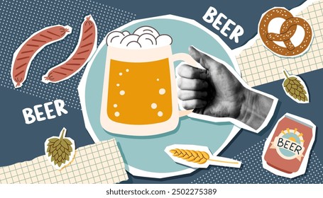 Collage del festival de la cerveza en estilo de arte pop. Concepto del Oktoberfest. Ilustración vectorial de moda.