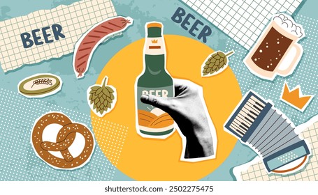 Collage del festival de la cerveza en estilo de arte pop. Concepto del Oktoberfest. Ilustración vectorial de moda.