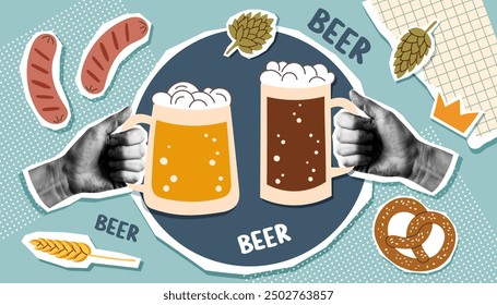 Beer festival collage in pop art style. Oktoberfest concept. Trendy vector illustration.