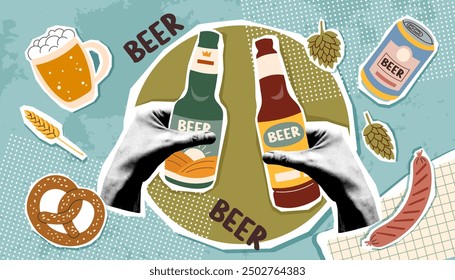 Collage del festival de la cerveza en estilo de arte pop. Concepto del Oktoberfest. Ilustración vectorial de moda.