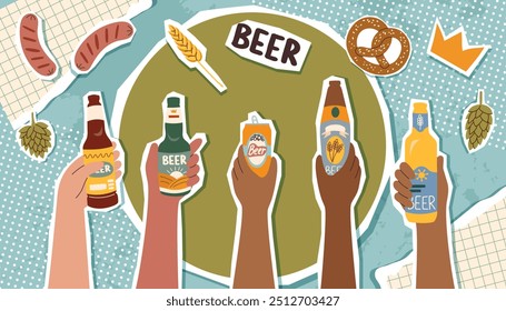 Beer festival collage in pop art style. Oktoberfest concept. Trendy vector illustration.