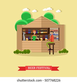 Beer festival concept vector illustration. People drink beer in outdoor restaurant. Waitress and bartender
