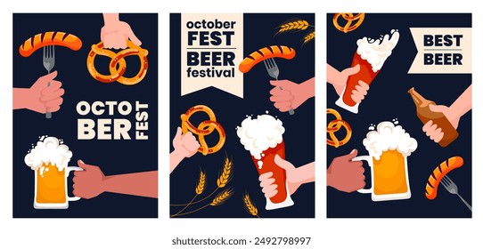 Beer festival creative poster flyer cover design template set. Oktober fest party flyer background with beer mugs, pretzels and sausages. Happy beer festival celebration templates .Vector 