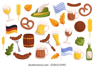 Beer festival elements collection. Set of German traditional fest objects - beer glass mug, grilled sausages, pretzel, flags in traditional colors, Tyrolean hat with feather.