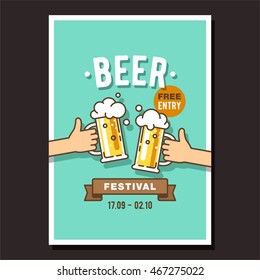 Beer festival, event poster. Two hands holding the beer bottle and beer glass. Vector illustration in flat style.