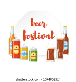 Beer festival flat poster with colorful symbols of beer bottle beer can mug glass vector illustration. Design elements for restaurant beer pub or cafe. Isolated on white background