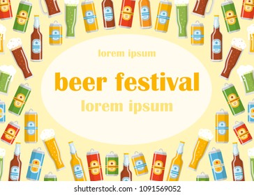 Beer festival flat template with colorful icons of various kinds of beer in bottles cans mugs vector illustration. Concept frame for design print media website restaurant beer pub cafe. Place for text