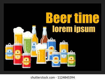 Beer festival flat template with colorful icons of various kinds of beer in bottles cans mugs vector illustration. Concept frame for design print media website restaurant beer pub cafe. Place for text