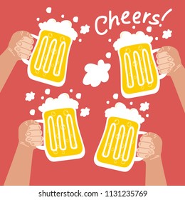 Beer festival. Four hands holding the beer glass. Vector illustration in flat style.