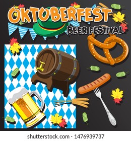 Beer festival greeting card template. A barrel of beer, a glass of hop leaf hat flag fork sausage ornament letters ears isolated on black background. Vector image. eps 10