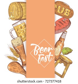 Beer Festival Hand Drawn Menu, Poster, Banner. Pub Sketch Style Doodle. Vector illustration