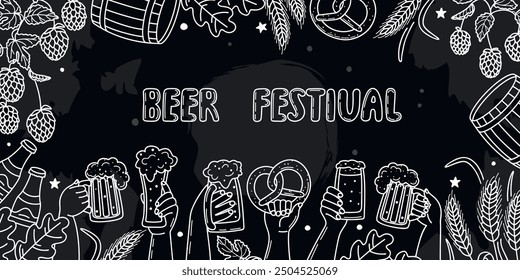 Beer festival horizontal banner with hands holding glasses with foamy drink and brewing ingredients, barrel, pretzel.Graphic background  with linear design elements.Black white vector illustration.