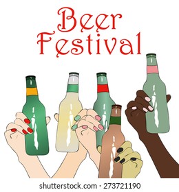 Beer Festival - Illustration depicting a group of girls from different ethnic groups, that drinking beer