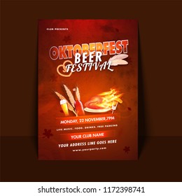 Beer festival invitation card design with illustration of beer bottle, pretzel and hot chicken on shiny brown texture background for Oktoberfest celebration concept.