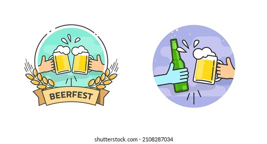 Beer festival logo with cheer toasting friend hands holding glasses vector or drinking party and brewery fun logotype line outline art with bottle and mug concept flat cartoon illustration