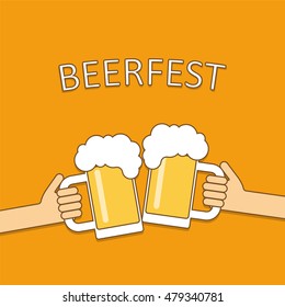 Beer festival logo. Two hands holding beer glasses, beer glasses clinking. Flat design vector illustration