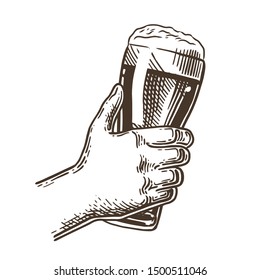 Beer festival. Male hand holding the beer glass. Vintage vector engraving illustration for web, poster, invitation to party oktoberfest festival. Isolated on white background