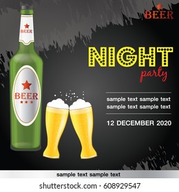 Beer festival, beer night party, beer bottle and beer glass vector illustration