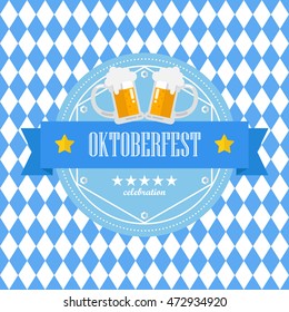 Beer festival Oktoberfest badge on blue rhombus background. Vector illustration