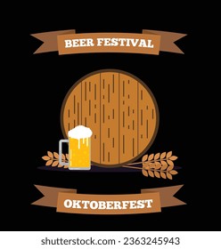 Cartel del Festival de Cervezas Oktoberfest con planicie de barril y trigo. Banner de Oktoberfest y una taza de arte vectorial de oso.