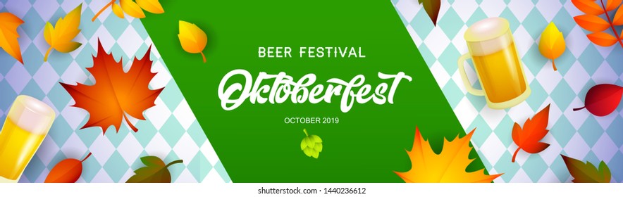 Beer festival Oktoberfest banner with colorful maple leaves and light beer in glasses on white and green rhombus background. Lettering can be used for invitations, signs, announcements