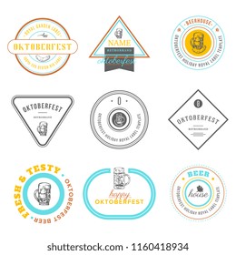 Beer festival Oktoberfest celebrations retro style labels, badges and logos set with beer mug on wooden background. Vector illustration.