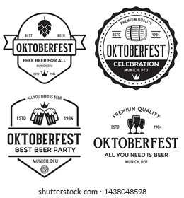 Beer festival Oktoberfest celebrations retro style labels, badges and logos set with beer mug, barrel etc. Vector illustration.