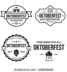 Beer festival Oktoberfest celebrations retro style labels, badges and logos set with beer mug, barrel etc. Vector illustration.